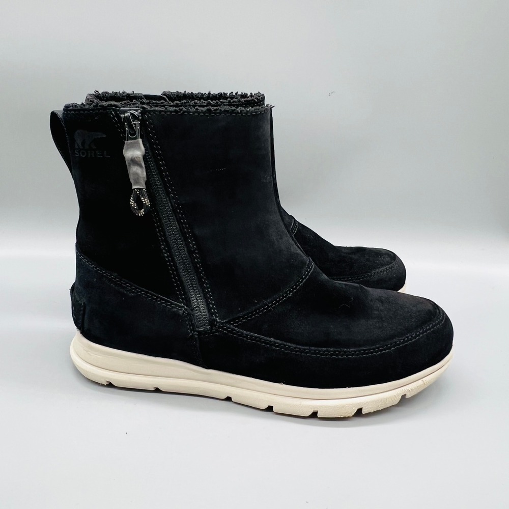 Sorel Boots Women 8 Black Suede Faux Fur Waterproof Explorer Carnival Zip Shoes